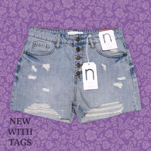 NWT Nature Denim Blue Distressed Denim Shorts with Five Button Fly | Size M
